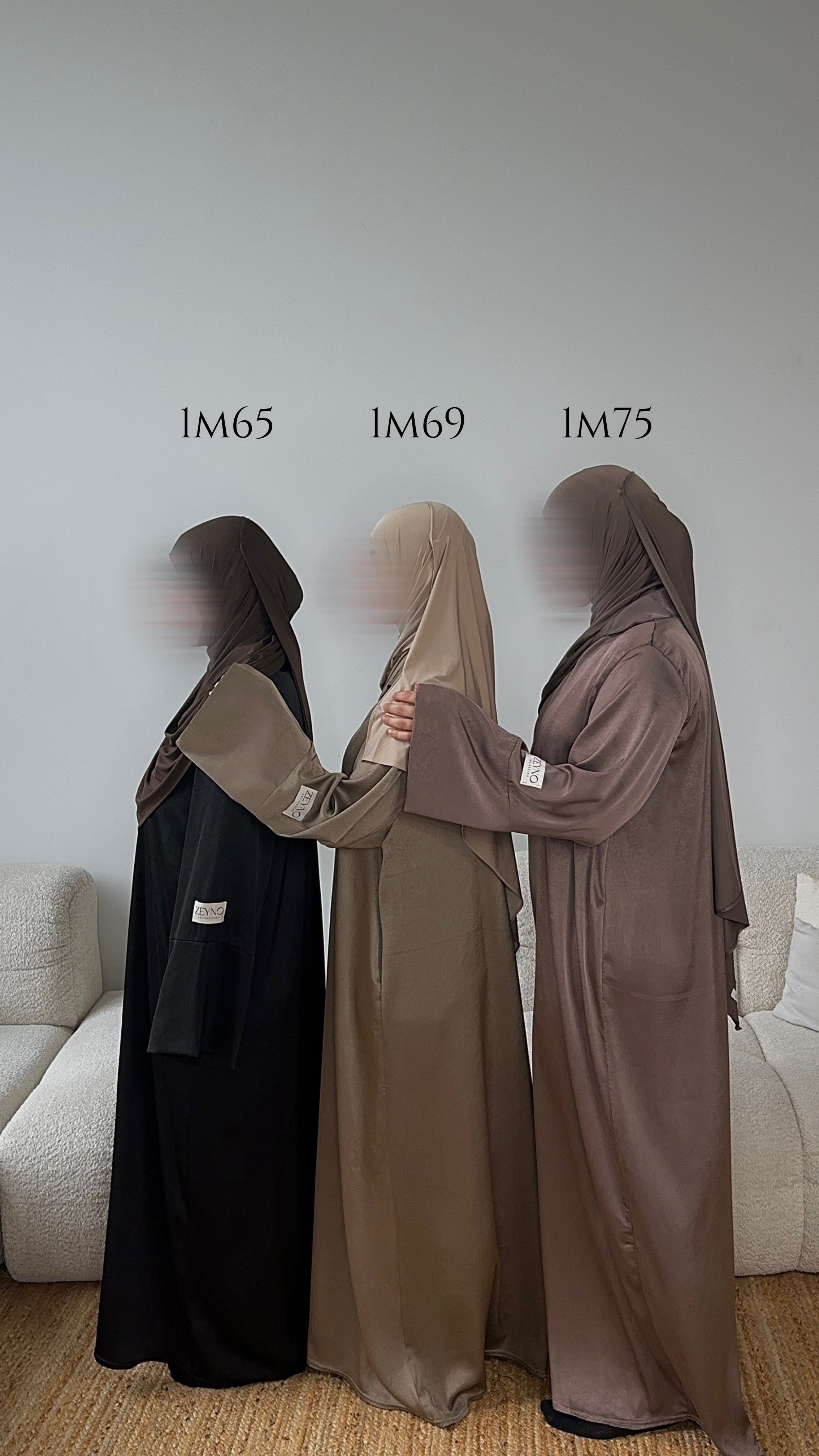 3 femmes portant une abaya avec des tailles différentes